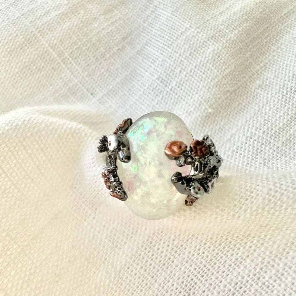Faux opal cherry blossom gun metal ring size 9